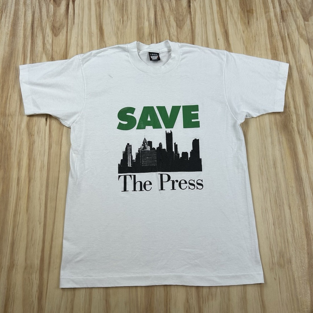 Vintage 90s Pittsburgh Save the Press T Shirt Large Single Stitch Short Sleeve